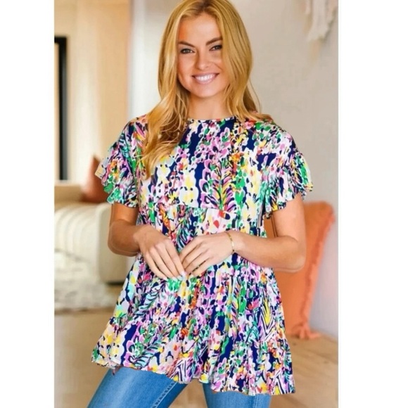 BEESON RIVER Sunny Days Navy Floral Top Tiered Ruffle Sleeve Tunic New - Picture 1 of 6